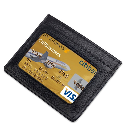 Cowhide Leather Litchi Texture Open Type Solid Color Card Holder RFID Blocking Card Bag Protective Case(Black) - Antimagnetic RFID Package by buy2fix | Online Shopping UK | buy2fix