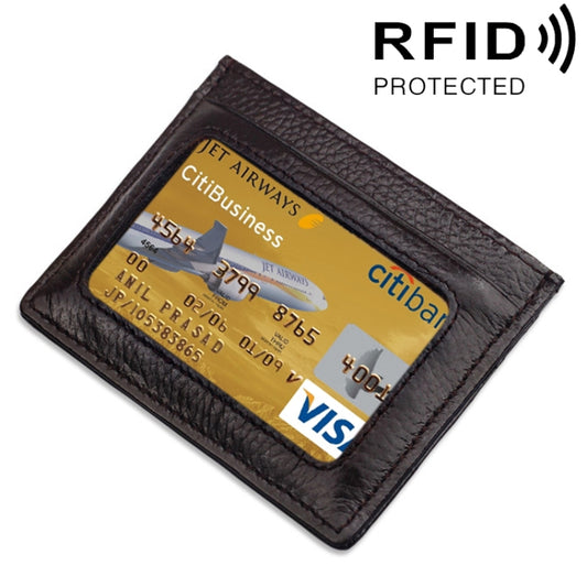 Cowhide Leather Litchi Texture Open Type Solid Color Card Holder RFID Blocking Card Bag Protective Case(Coffee) - Antimagnetic RFID Package by buy2fix | Online Shopping UK | buy2fix