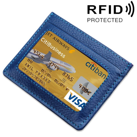 Cowhide Leather Litchi Texture Open Type Solid Color Card Holder RFID Blocking Card Bag Protective Case(Dark Blue) - Antimagnetic RFID Package by buy2fix | Online Shopping UK | buy2fix
