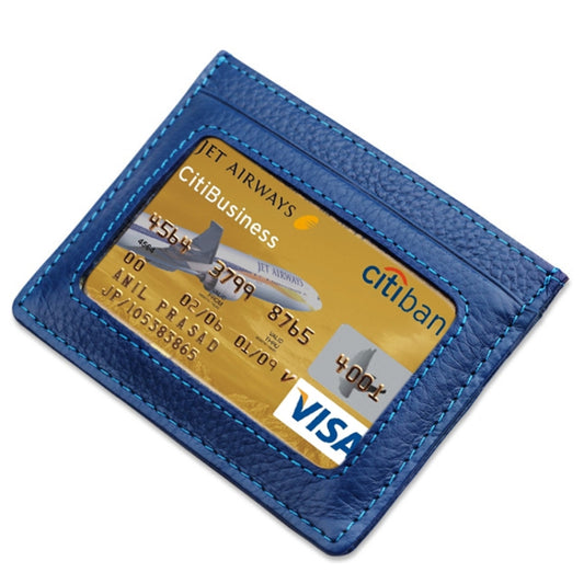 Cowhide Leather Litchi Texture Open Type Solid Color Card Holder RFID Blocking Card Bag Protective Case(Dark Blue) - Antimagnetic RFID Package by buy2fix | Online Shopping UK | buy2fix