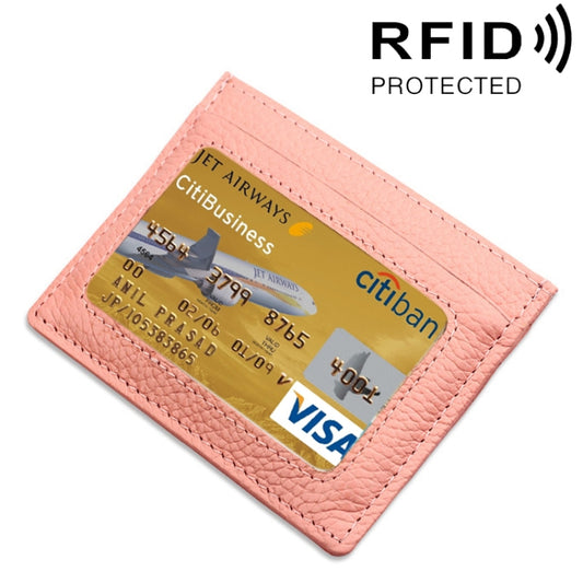 Cowhide Leather Litchi Texture Open Type Solid Color Card Holder RFID Blocking Card Bag Protective Case(Pink) - Antimagnetic RFID Package by buy2fix | Online Shopping UK | buy2fix
