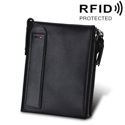 Genuine Cowhide Leather Crazy Horse Texture Dual Zipper Short Style Card Holder Wallet RFID Blocking Card Bag Protect Case for Men, Size: 12.1*9.4*2.7cm(Black) - Antimagnetic RFID Package by buy2fix | Online Shopping UK | buy2fix