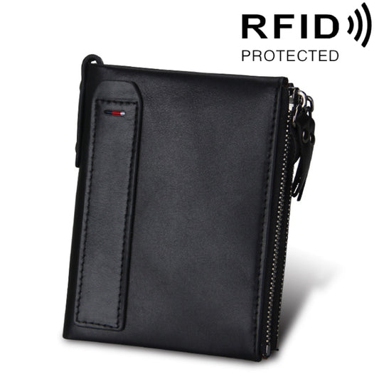 Genuine Cowhide Leather Crazy Horse Texture Dual Zipper Short Style Card Holder Wallet RFID Blocking Card Bag Protect Case for Men, Size: 12.1*9.4*2.7cm(Black) - Antimagnetic RFID Package by buy2fix | Online Shopping UK | buy2fix