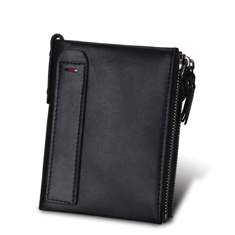 Genuine Cowhide Leather Crazy Horse Texture Dual Zipper Short Style Card Holder Wallet RFID Blocking Card Bag Protect Case for Men, Size: 12.1*9.4*2.7cm(Black) - Antimagnetic RFID Package by buy2fix | Online Shopping UK | buy2fix