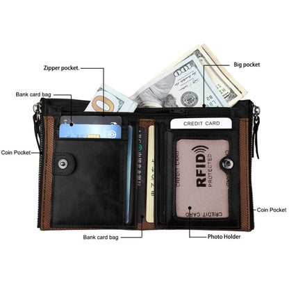 Genuine Cowhide Leather Crazy Horse Texture Dual Zipper Short Style Card Holder Wallet RFID Blocking Card Bag Protect Case for Men, Size: 12.1*9.4*2.7cm(Black) - Antimagnetic RFID Package by buy2fix | Online Shopping UK | buy2fix