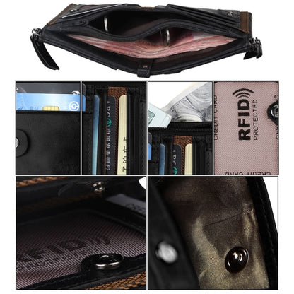 Genuine Cowhide Leather Crazy Horse Texture Dual Zipper Short Style Card Holder Wallet RFID Blocking Card Bag Protect Case for Men, Size: 12.1*9.4*2.7cm(Black) - Antimagnetic RFID Package by buy2fix | Online Shopping UK | buy2fix