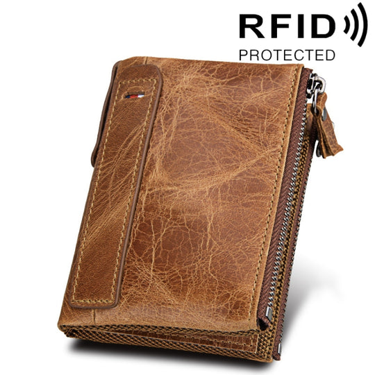 Genuine Cowhide Leather Crazy Horse Texture Dual Zipper Short Style Card Holder Wallet RFID Blocking Card Bag Protect Case for Men, Size: 12.1*9.4*2.7cm(Taupe)