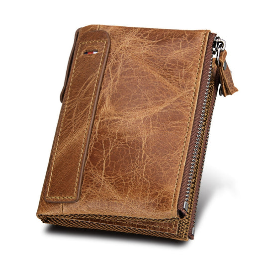Genuine Cowhide Leather Crazy Horse Texture Dual Zipper Short Style Card Holder Wallet RFID Blocking Card Bag Protect Case for Men, Size: 12.1*9.4*2.7cm(Taupe) - Antimagnetic RFID Package by buy2fix | Online Shopping UK | buy2fix