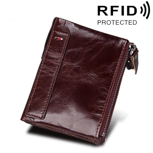 Genuine Cowhide Leather Crazy Horse Texture Dual Zipper Short Style Card Holder Wallet RFID Blocking Card Bag Protect Case for Men, Size: 12.1*9.4*2.7cm - Antimagnetic RFID Package by buy2fix | Online Shopping UK | buy2fix