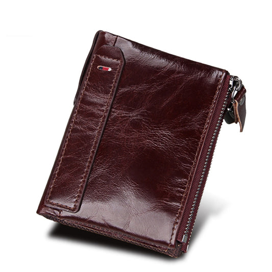 Genuine Cowhide Leather Crazy Horse Texture Dual Zipper Short Style Card Holder Wallet RFID Blocking Card Bag Protect Case for Men, Size: 12.1*9.4*2.7cm - Antimagnetic RFID Package by buy2fix | Online Shopping UK | buy2fix