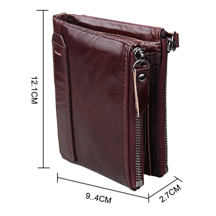 Genuine Cowhide Leather Crazy Horse Texture Dual Zipper Short Style Card Holder Wallet RFID Blocking Card Bag Protect Case for Men, Size: 12.1*9.4*2.7cm - Antimagnetic RFID Package by buy2fix | Online Shopping UK | buy2fix