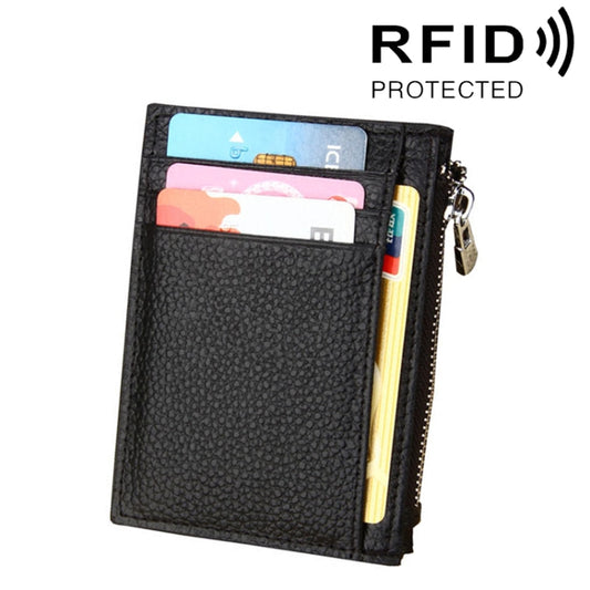 Cowhide Leather Solid Color Zipper Card Holder Wallet RFID Blocking Coin Purse Card Bag Protect Case, Size: 11*8*1.5cm (Black) - Antimagnetic RFID Package by buy2fix | Online Shopping UK | buy2fix