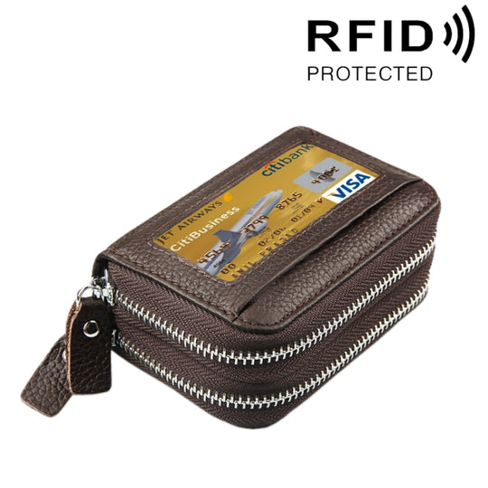 Genuine Cowhide Leather Dual Layer Solid Color Zipper Card Holder Wallet RFID Blocking Coin Purse Card Bag Protective Case with 11 Card Slots & Coin Position, Size: 11*7.5*4.5cm(Coffee)