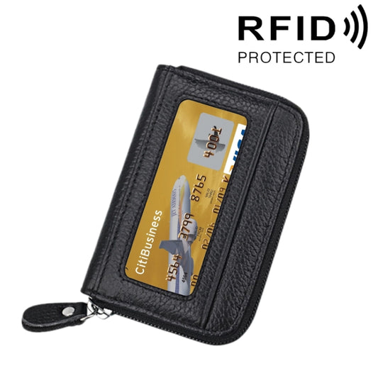 Genuine Cowhide Leather Solid Color Zipper Horizontal Card Holder Wallet RFID Blocking Card Bag Protect Case with 12 Card Slots, Size: 11.5*7.5cm(Black) - Antimagnetic RFID Package by buy2fix | Online Shopping UK | buy2fix