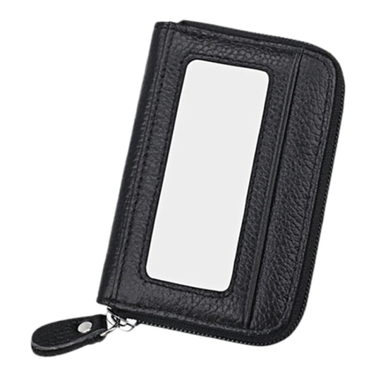 Genuine Cowhide Leather Solid Color Zipper Horizontal Card Holder Wallet RFID Blocking Card Bag Protect Case with 12 Card Slots, Size: 11.5*7.5cm(Black) - Antimagnetic RFID Package by buy2fix | Online Shopping UK | buy2fix
