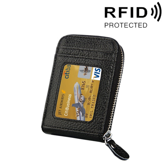 Genuine Cowhide Leather Solid Color Zipper Vertical Card Holder Wallet RFID Blocking Card Bag Protect Case with 12 Card Slots, Size: 11.5*7.5cm(Black) - Antimagnetic RFID Package by buy2fix | Online Shopping UK | buy2fix