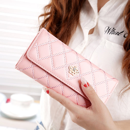 Fashion Argyles Texture Metal Crown 3-Folding Long Design PU Leather Wallet Coin Purse for Women(Pink) - Wallets by buy2fix | Online Shopping UK | buy2fix