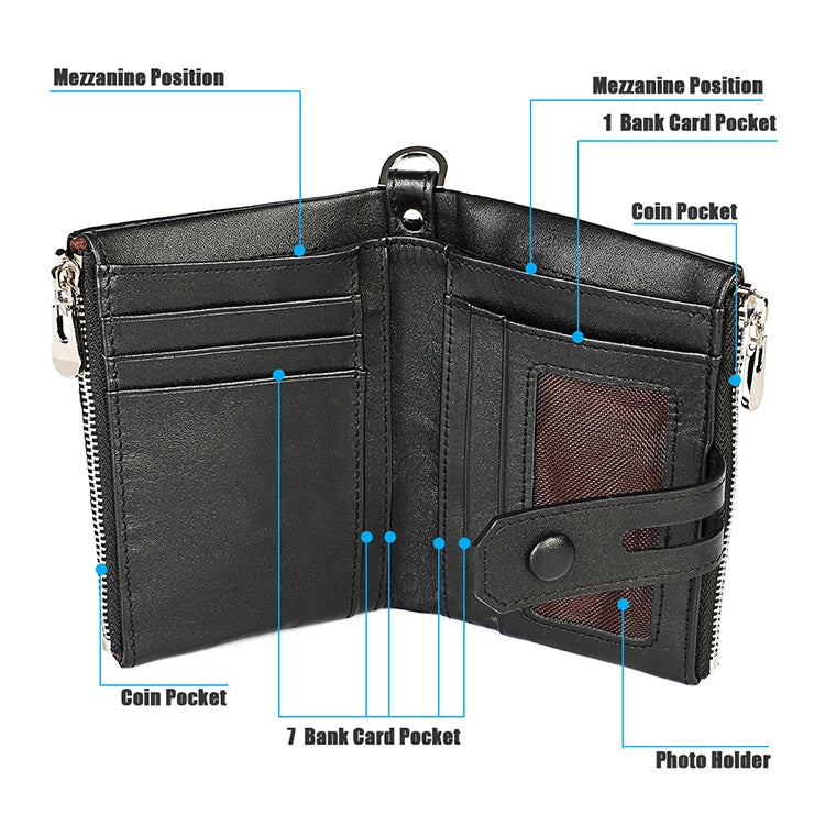 3529 Retro Crazy Horse Texture Double Zipper Anti-magnetic RFID Wallet for Man with Card Slots (Black) - Antimagnetic RFID Package by buy2fix | Online Shopping UK | buy2fix
