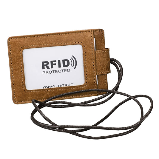 KB153 Antimagnetic RFID Leather Card Holder ID Card Badge with Lanyard(Yellowish-brown) - Antimagnetic RFID Package by buy2fix | Online Shopping UK | buy2fix