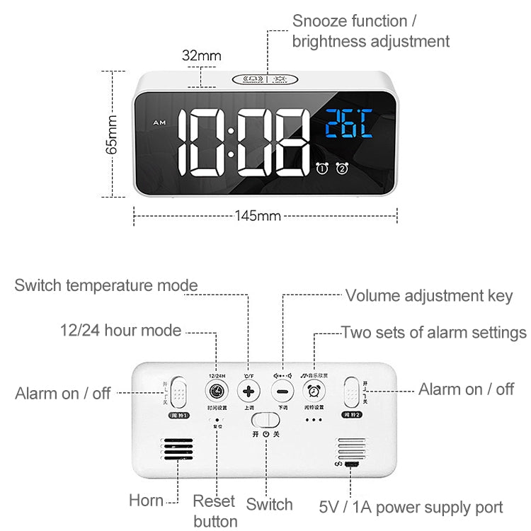 Bedside Alarm Clock Sound Control Mirror LED Music Clock (Black) - Alarm Clocks by buy2fix | Online Shopping UK | buy2fix