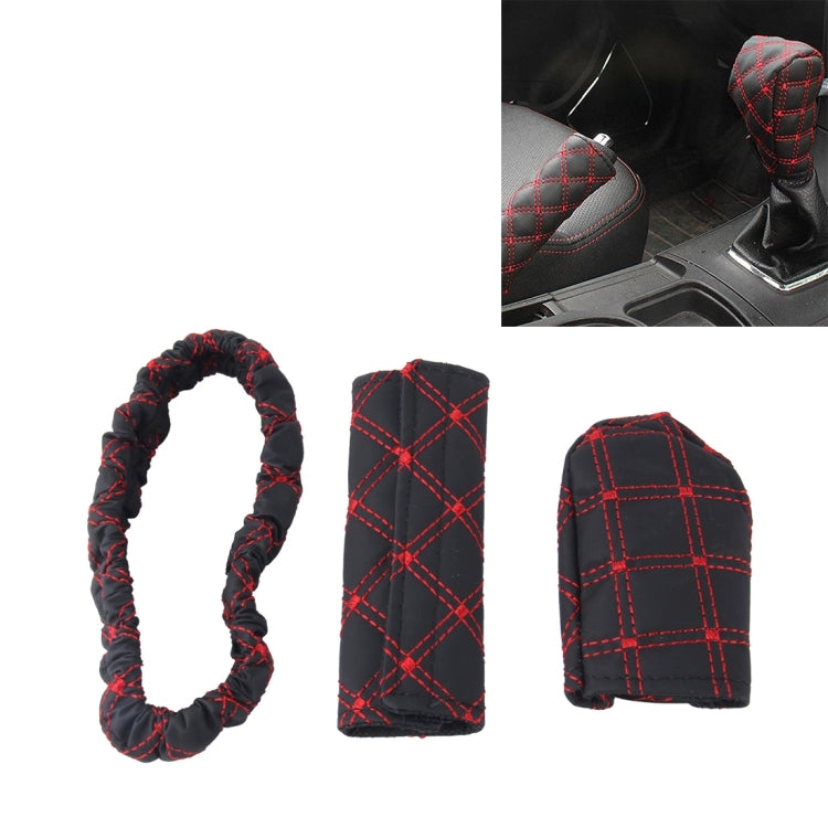 3 PCS Car Hand Brake Cover Shift Knob Gear Stick Cushion Sets Rear View Mirror Sets Cover Car Accessory Interior Decoration Pad(Red) by buy2fix