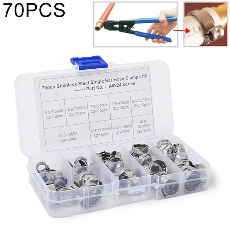 70 PCS Adjustable Single Ear Plus Stainless Steel Hydraulic Hose Clamps O-Clips Pipe Fuel Air, Inside Diameter Range: 5.3-14mm by buy2fix