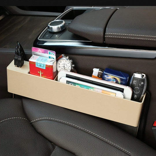 Boîte de rangement latérale universelle pour console de chargeur multifonctionnelle pour voiture, poche latérale pour espace de siège, avec 2 ports USB (beige)