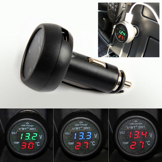 3 in 1 Universal Car Digital Voltage Meter Temperature Meter USB Charger, DC12-24V(Random Color Delivery) - Tire Pressure Gauges by buy2fix | Online Shopping UK | buy2fix