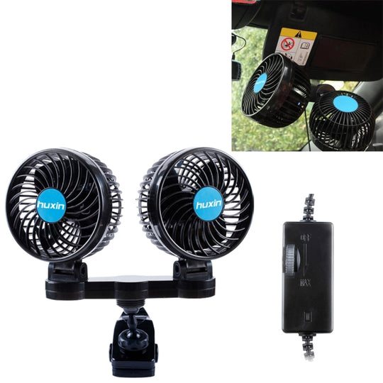 HUXIN HX-T605E 7W 360 Degree Adjustable Rotation Clip Two Head Low Noise Mini Electric Car Fan with Roller Switch, DC12V