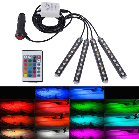 4 en 1 4,5 W 36 SMD-5050-LED RVB pour intérieur de voiture, décoration de sol, lampe néon colorée avec télécommande sans fil, DC 12 V