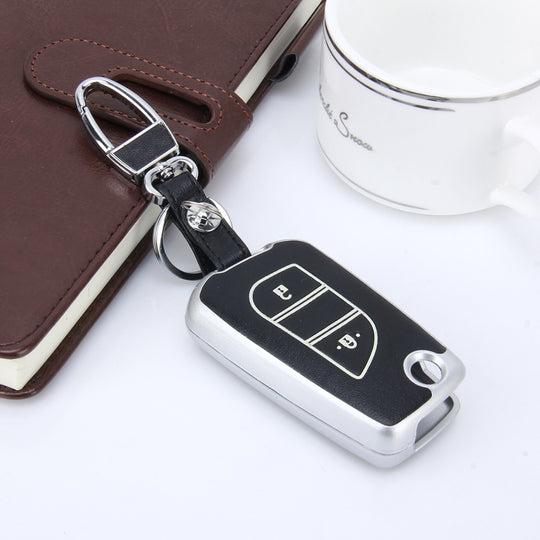 Car Auto PU Leather Intelligence Two Buttons Luminous Effect Key Ring Protection Cover for 2014 Version RAV4 2015 Version Highlander(Silver)