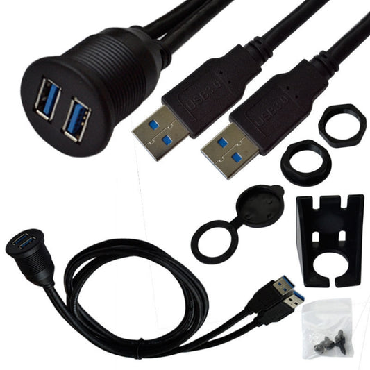 1m Flush Mount USB 3.0 Dock Car Ship Motorcycle Dashboard Panel Male to Female Data Waterproof Extension Cord(Black) - DIY Cables by buy2fix | Online Shopping UK | buy2fix