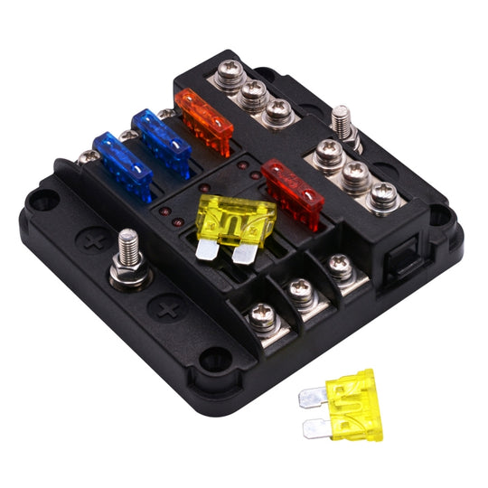 Unabhängige positive und negative 1-in-6-out-6-Wege-Kreis-Flachsicherungskasten-Sicherungshalter-Kits mit LED-Warnanzeige für Auto, Auto, LKW, Boot