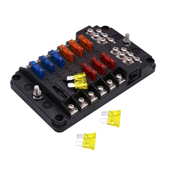 Unabhängige positive und negative 1-in-12-out-12-Wege-Kreis-Flachsicherungskasten-Sicherungshalter-Kits mit LED-Warnanzeige für Auto, Auto, LKW, Boot