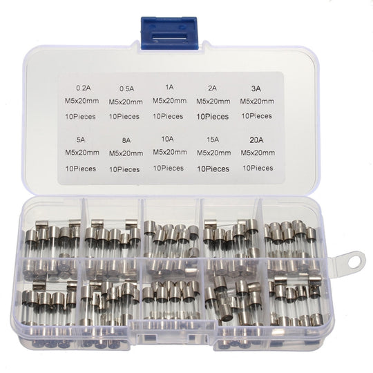 100 Stück 5 x 20 mm Sicherungen, sortierte Kits, Glassicherungen, Rohr, 0,2 A, 0,5 A, 1 A, 2 A, 3 A, 5 A, 8 A, 10 A, 15 A, 20 A