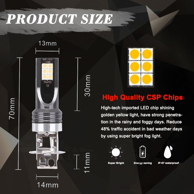2 PCS H3 DC12V-24V / 12W / 3000K / 800LM 12LEDs SMD-3030 Car LED Fog Light (Yellow Light) - Fog / Driving Lights by buy2fix | Online Shopping UK | buy2fix