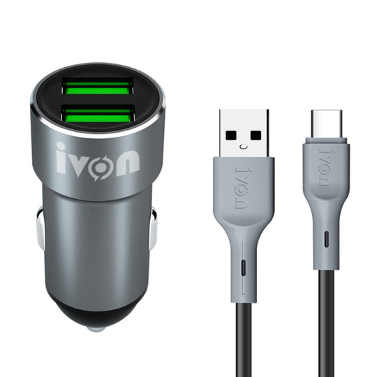 IVON CC38 2.4A Dual-USB-Autoladegerät + 1 m USB-zu-USB-C / Typ-C-Schnellladedatenkabelsatz