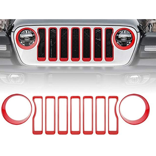 Car Mesh Grille Grill Insert + Headlight Turn Light Cover Trim for Jeep Wrangler JL 2018-2019(Red) by buy2fix