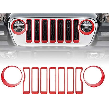 Car Mesh Grille Grill Insert + Headlight Turn Light Cover Trim for Jeep Wrangler JL 2018-2019(Red) by buy2fix