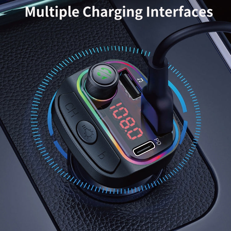 C14 Multifunctional Car Dual QC3.0+PD18W USB Charger Bluetooth FM Transmitter with Atmosphere Light by buy2fix