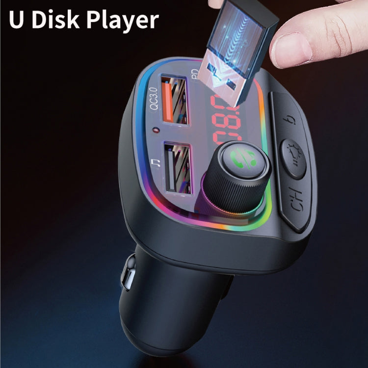 C14 Multifunctional Car Dual QC3.0+PD18W USB Charger Bluetooth FM Transmitter with Atmosphere Light by buy2fix