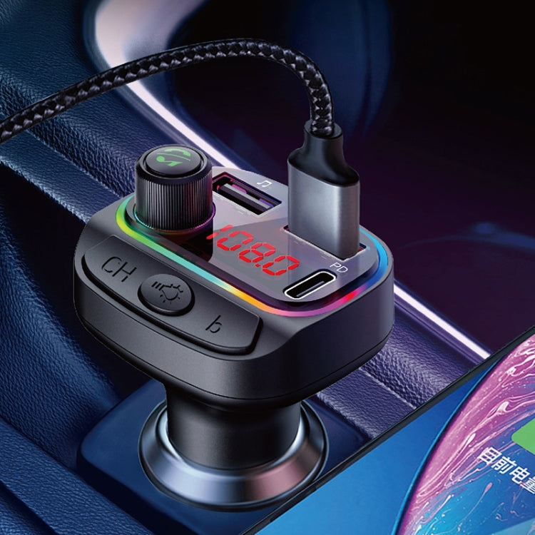 C14 Multifunctional Car Dual QC3.0+PD18W USB Charger Bluetooth FM Transmitter with Atmosphere Light by buy2fix