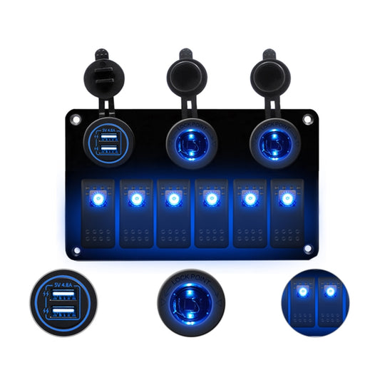 Multi-functional Combination Switch Panel 12V / 24V 6 Way Switches + Dual USB Charger for Car RV Marine Boat (Blue Light) - Car Switches by buy2fix | Online Shopping UK | buy2fix