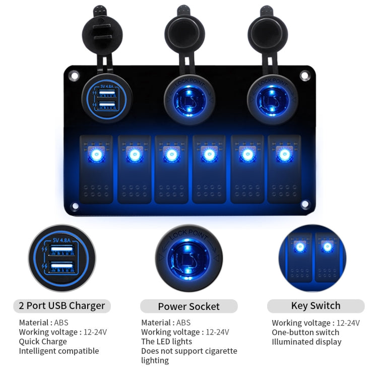 Multi-functional Combination Switch Panel 12V / 24V 6 Way Switches + Dual USB Charger for Car RV Marine Boat (Blue Light) - Car Switches by buy2fix | Online Shopping UK | buy2fix