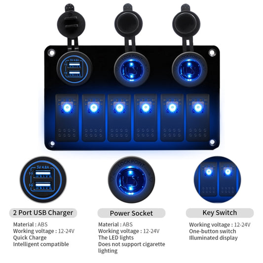 Multi-functional Combination Switch Panel 12V / 24V 6 Way Switches + Dual USB Charger for Car RV Marine Boat (Blue Light) - Car Switches by buy2fix | Online Shopping UK | buy2fix