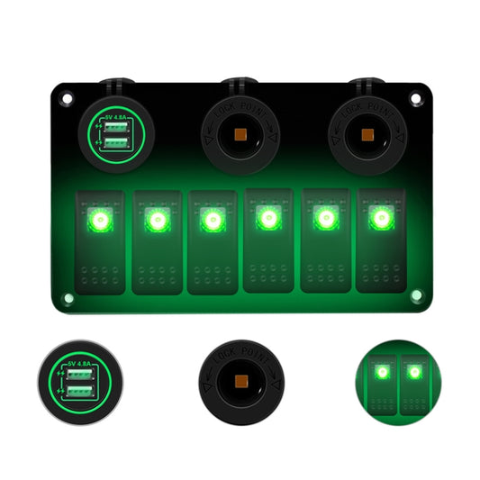 Multi-functional Combination Switch Panel 12V / 24V 6 Way Switches + Dual USB Charger for Car RV Marine Boat (Green Light) - Car Switches by buy2fix | Online Shopping UK | buy2fix