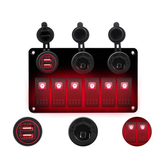 Multi-functional Combination Switch Panel 12V / 24V 6 Way Switches + Dual USB Charger for Car RV Marine Boat (Red Light) - Car Switches by buy2fix | Online Shopping UK | buy2fix