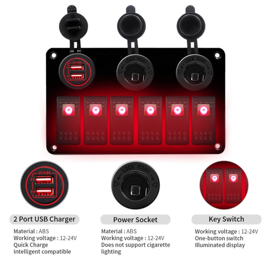 Multi-functional Combination Switch Panel 12V / 24V 6 Way Switches + Dual USB Charger for Car RV Marine Boat (Red Light) - Car Switches by buy2fix | Online Shopping UK | buy2fix