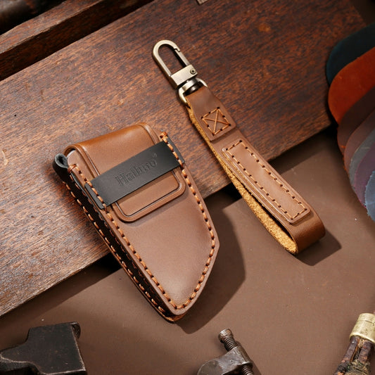Hallmo Car Cowhide Leather Key Protective Cover Key Case for BMW Blade Style(Brown) - Car Key Cases by Hallmo | Online Shopping UK | buy2fix