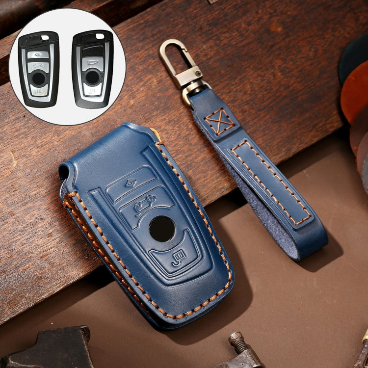 Hallmo Car Cowhide Leather Key Protective Cover Key Case for Old BMW(Blue) - Car Key Cases by Hallmo | Online Shopping UK | buy2fix